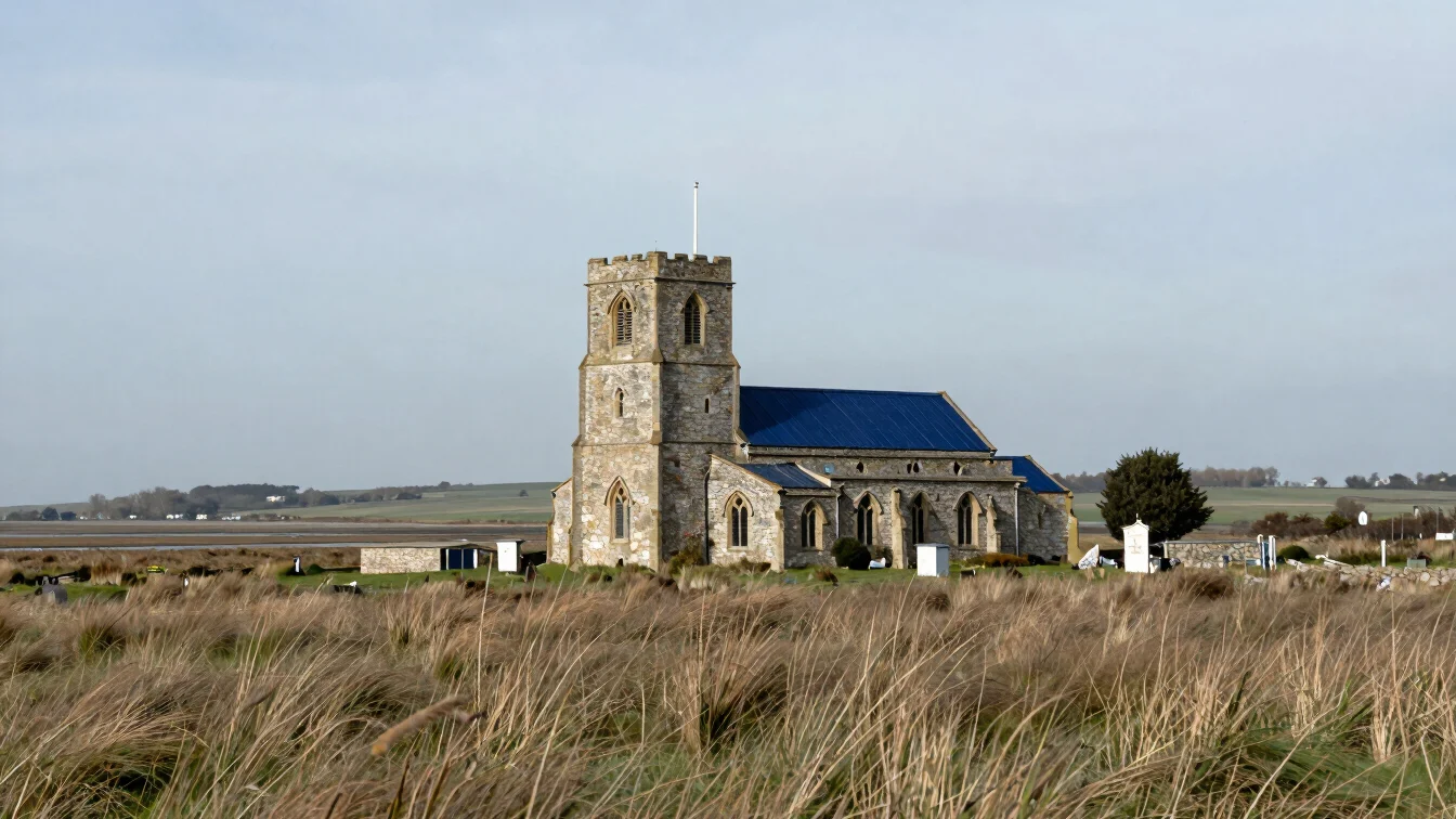 Pale limestone village parish church beside a low watchtower on a flat estuary landscape, soft overcast light, marsh gra