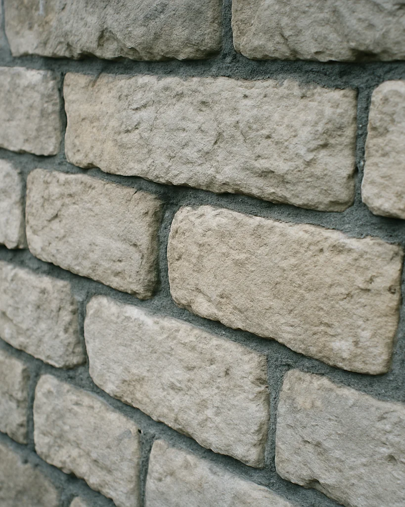 Close editorial study of pale cut limestone blocks in a restored