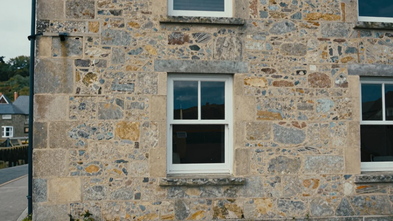 Close-up of a restored limestone house facade in a small estuary town, lime-mortar joints, soft overcast daylight, muted