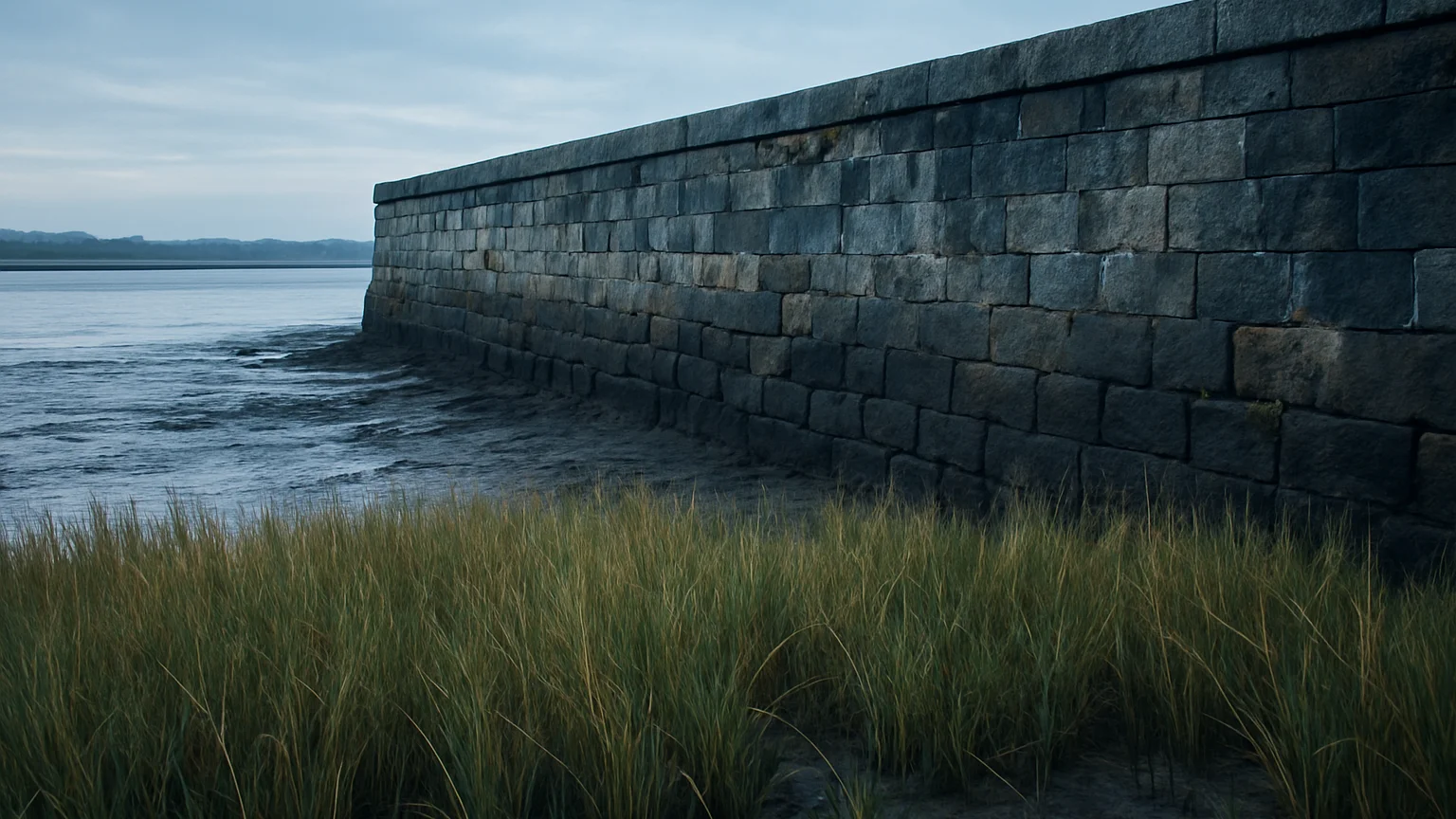 Weathered stone quay wall beside a river edge at low tide, marsh grasses in the foreground, soft estuary daylight, stone