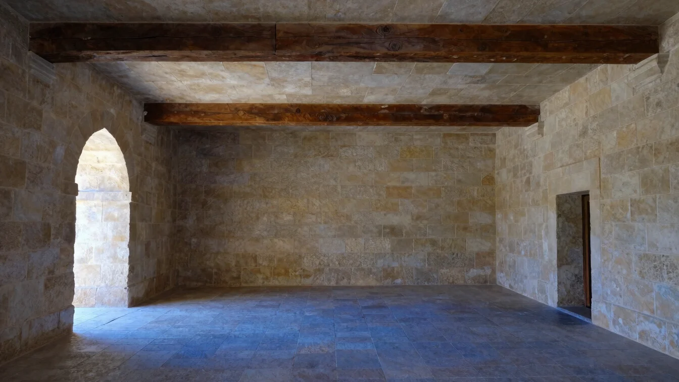 Interior of a vaulted stone space with a timber joinery detail, restrained natural light from a high opening, beige and