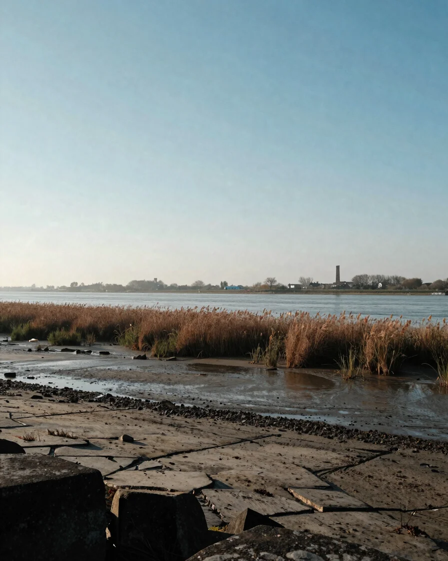 Wide panoramic Gironde estuary at soft morning light, a pale rive