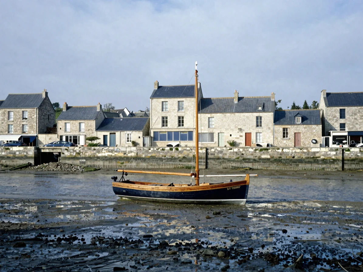 Small stone quay on the Gironde estuary at low tide, a moored tra