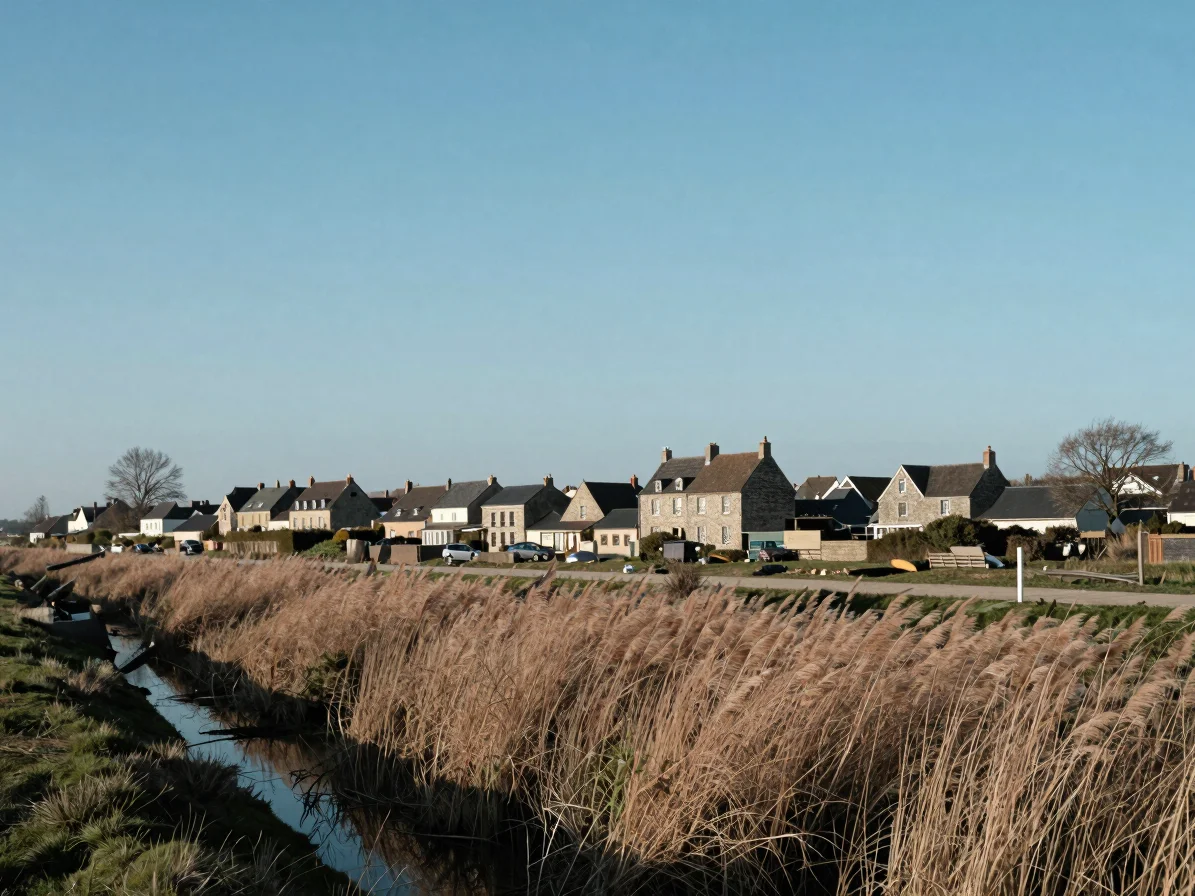 Marsh village edge on the Gironde estuary, reed grasses and drain