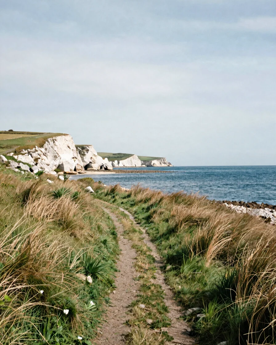 Wide landscape at soft overcast daylight, a narrow footpath runni