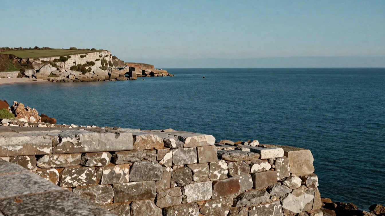 Limestone cliff edge above a wide estuary, soft daylight, a worn