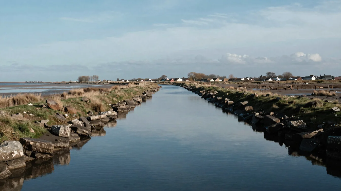 Marsh landscape with a straight drainage canal and grass-edged di