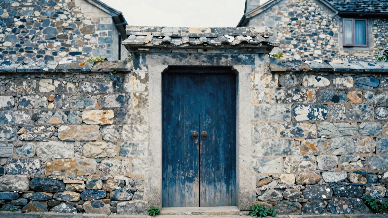 Close view of weathered pale stone village wall and old doorway,