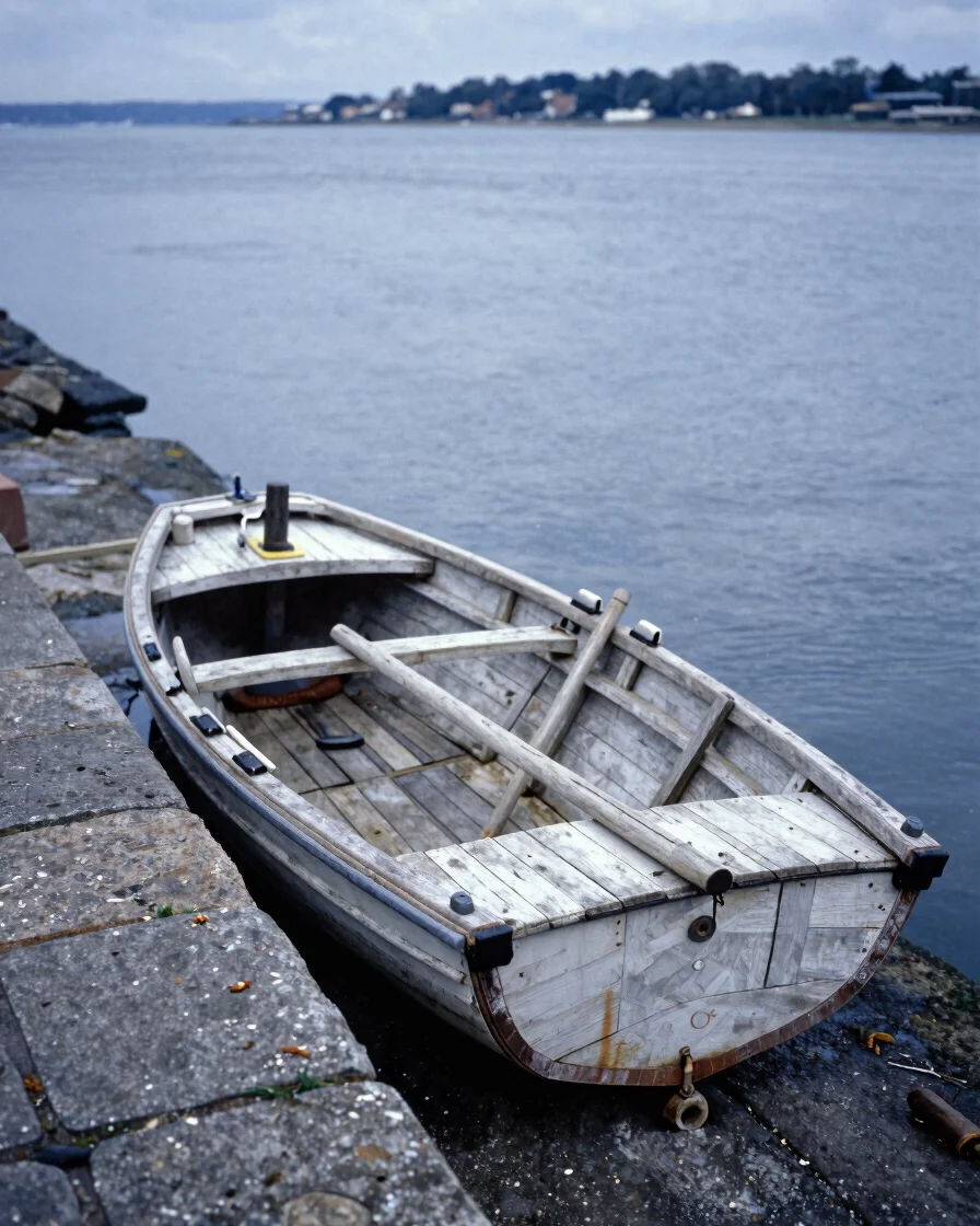 Editorial photograph of pale weathered wooden boat planks and too