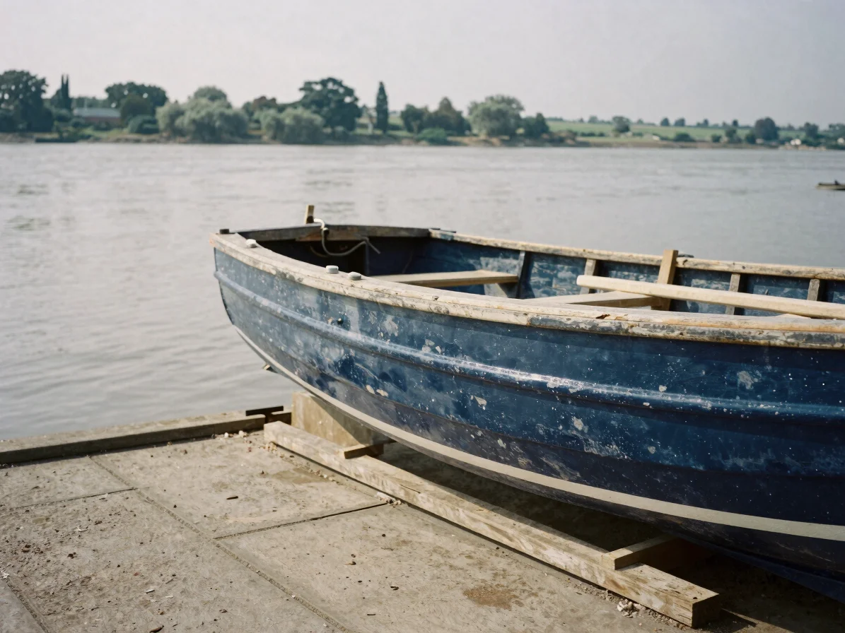 Close editorial detail of a wooden boat hull being sanded on a riverside slipway, soft estuary daylight, muted deep blue