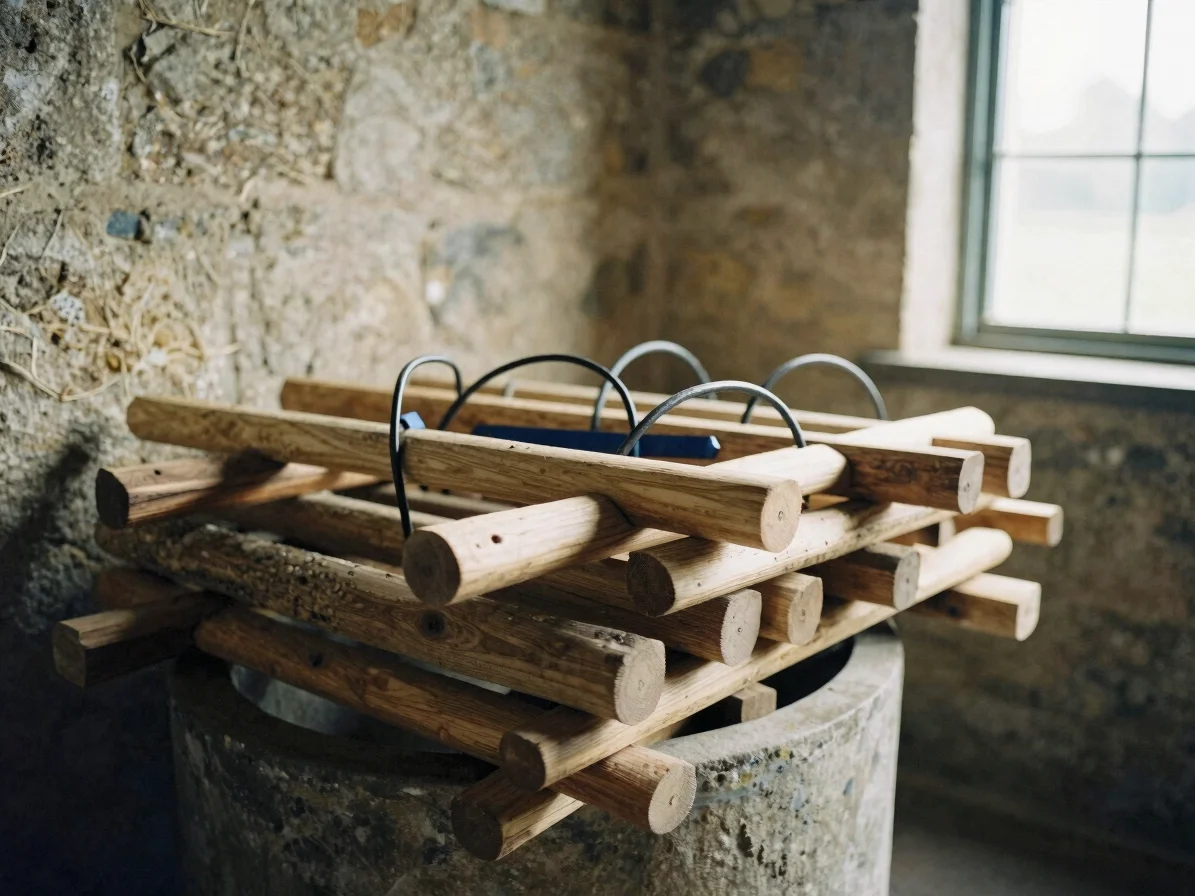 Close editorial detail of oak staves and iron hoops stacked in a stone-walled cooperage, soft window light, restrained b