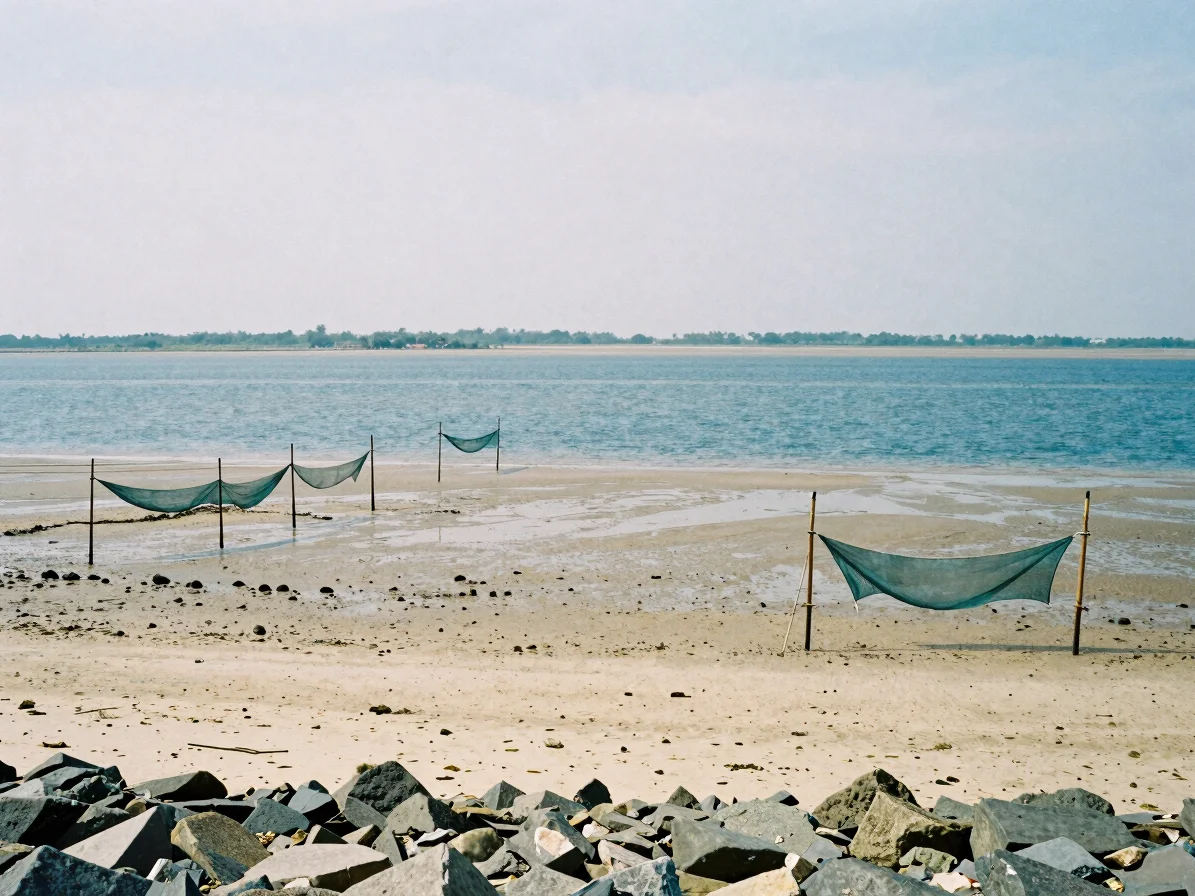 Wide estuary landscape at low tide with fishing stakes and nets drying on a pale mudflat, overcast soft daylight, deep b