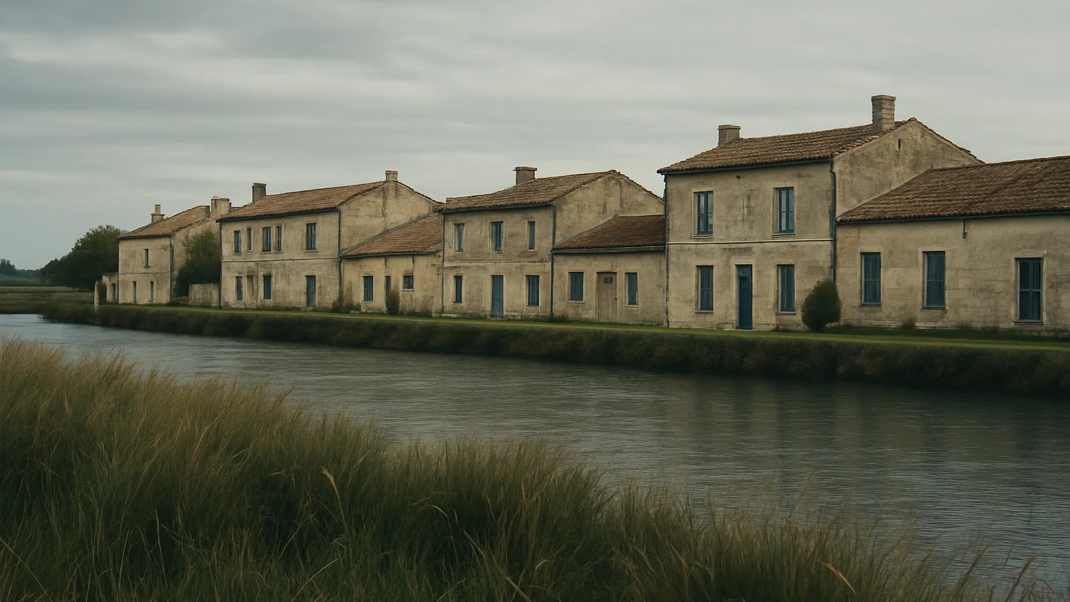 Pale stone village houses along a quiet riverfront of the Gironde