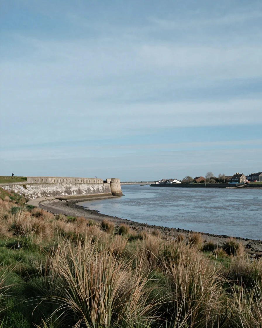 Wide estuary daylight view of a pale limestone rampart rising fro