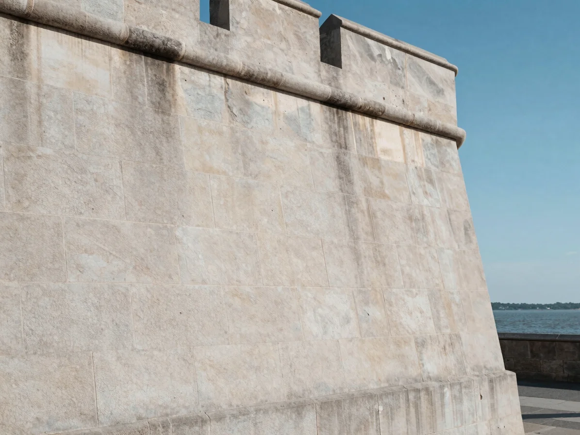Architectural detail of an angled stone bastion face with clean masonry courses, soft estuary light from the side, 35mm