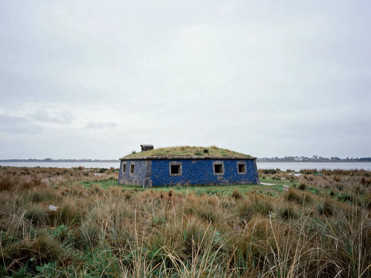 Wide landscape frame of a small stone redoubt on a grassy riverbank at the Gironde estuary, overcast soft light, marsh v