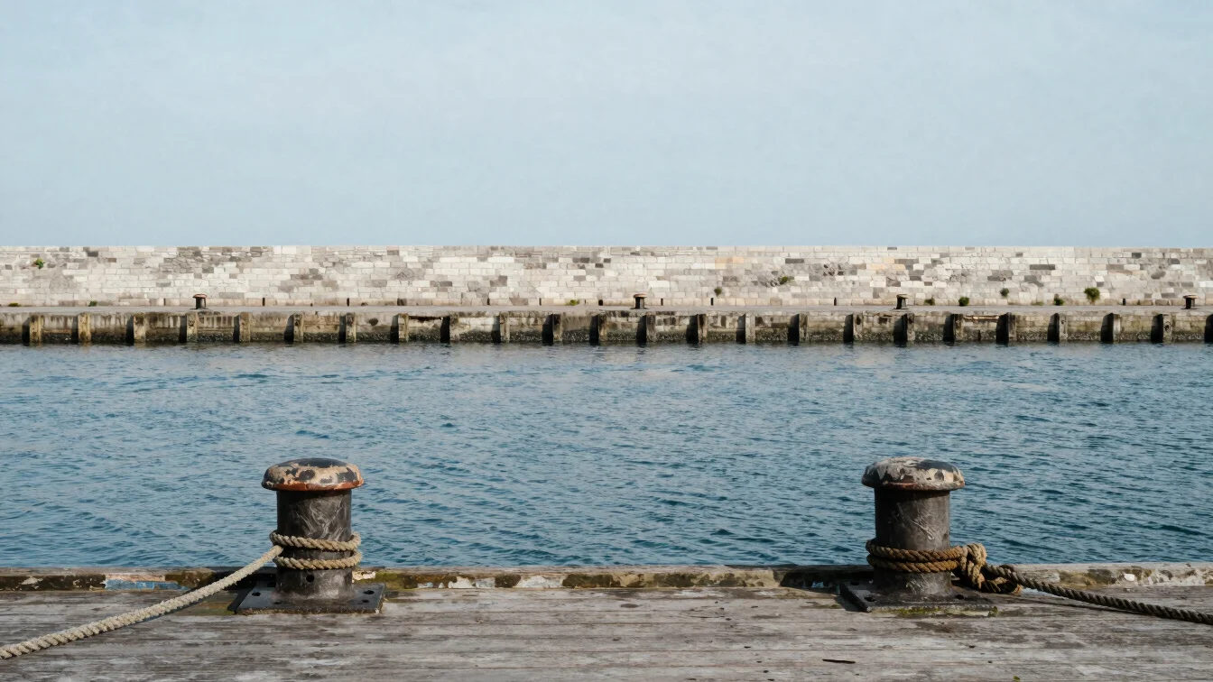 Soft overcast estuary daylight on an old wooden quay with rope-worn bollards and a pale stone wall behind, muted blue wa