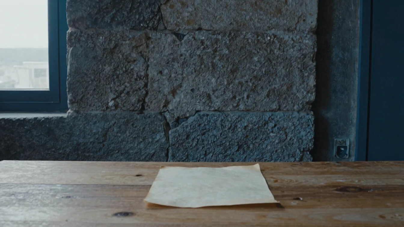 Close editorial detail of weathered stone masonry and a folded parchment on a plain wooden table, soft natural window li