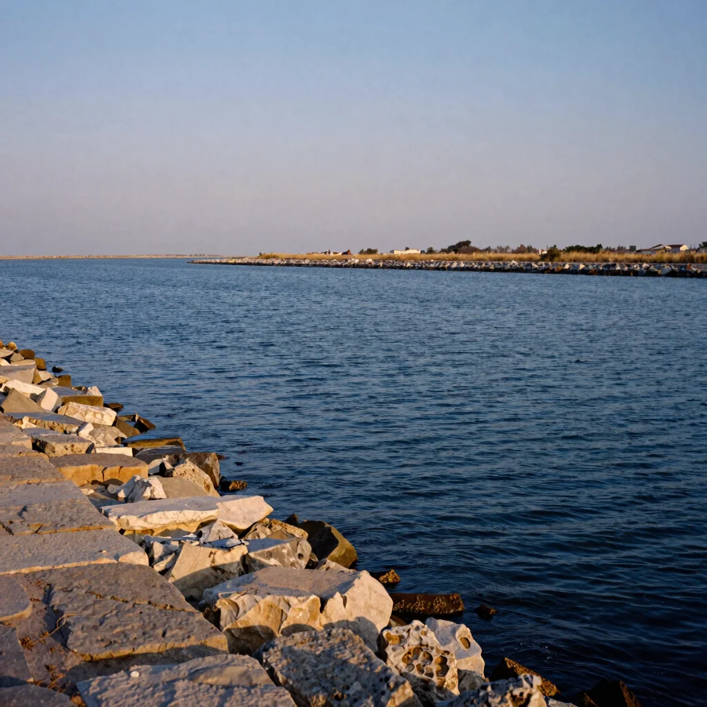 Reed borders along an estuary channel at dusk, deep blue water and warm beige light, documentary photograph