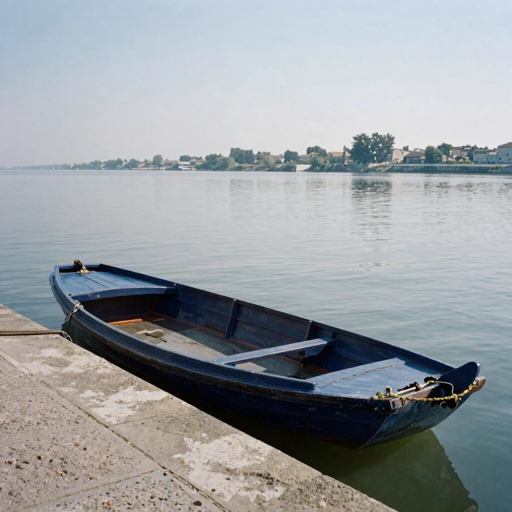 Traditional wooden boats moored at a stone quay on the Gironde, calm water, soft daylight, editorial photograph