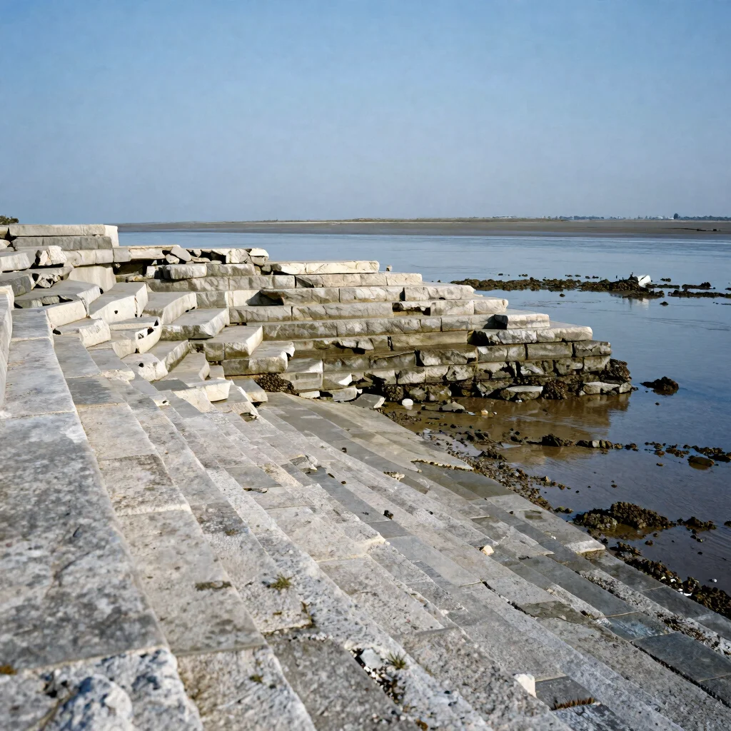 Weathered limestone quay steps descending to the estuary at low tide, muted stone tones, documentary photograph