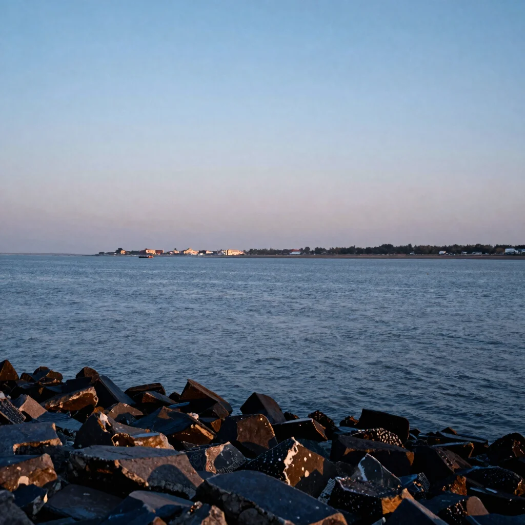 Wide evening horizon over open estuary water, soft gradient sky, restrained cultural mood, 35mm photograph