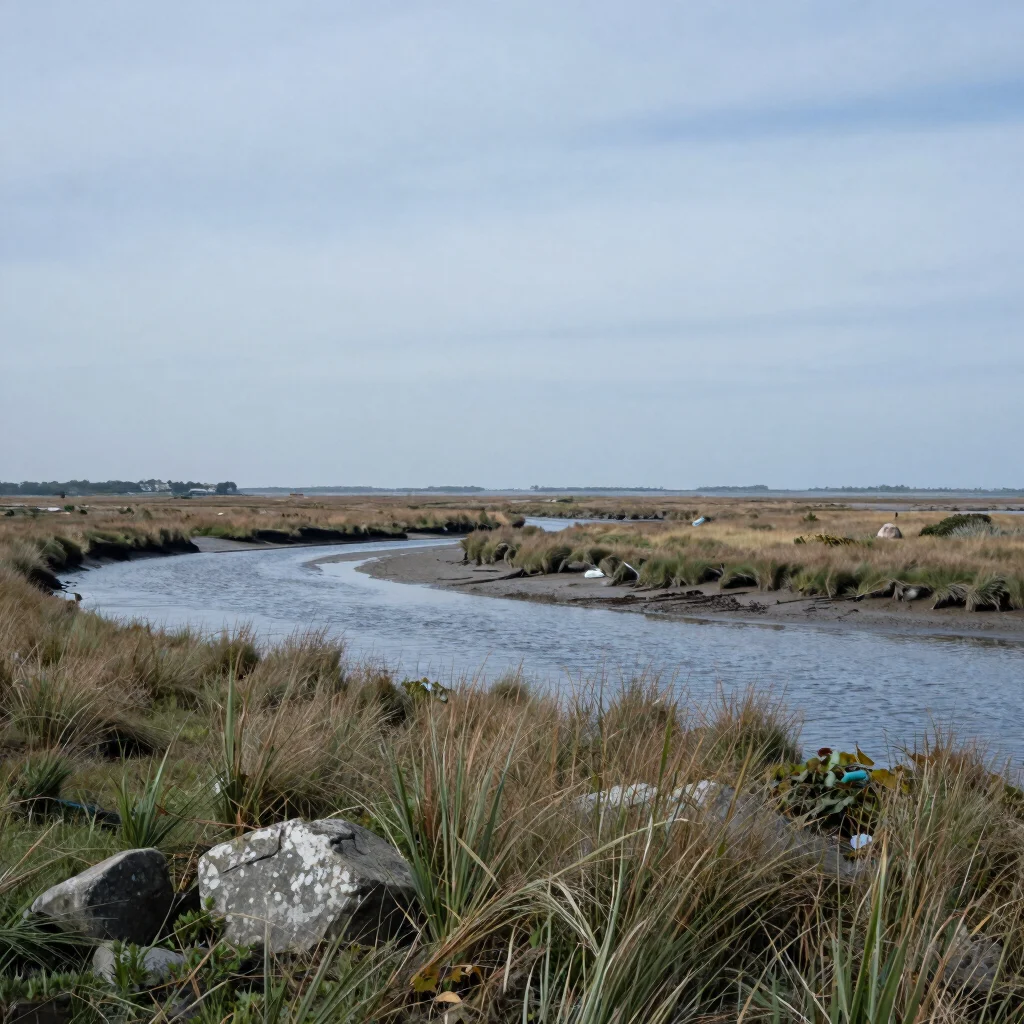 Marshland grasses and tidal channels in soft overcast light, close landscape study, editorial photograph