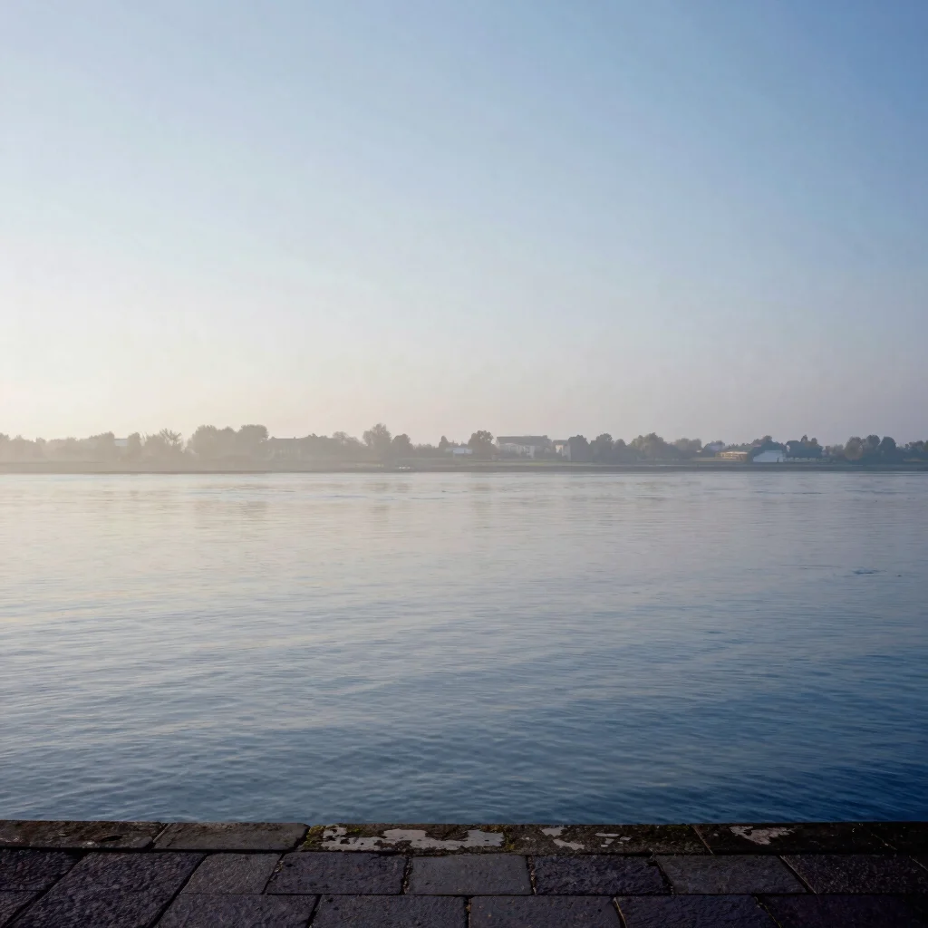 Morning mist over the Gironde estuary, a distant shoreline and still water, soft pale light, editorial landscape photogr